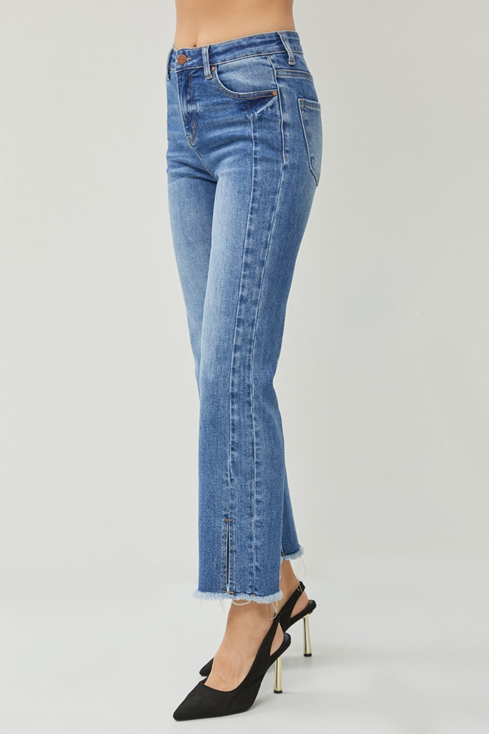 RISEN High Waist Raw Hem Slit Straight Jeans - The Boutie Shop