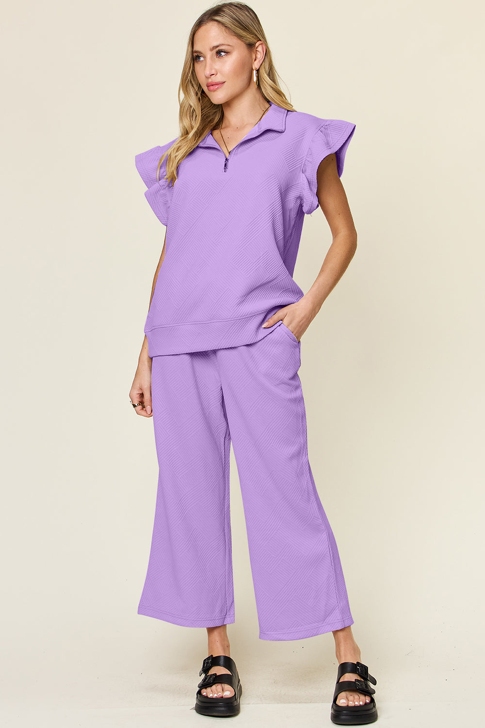 Double Take Texture Ruffle Short Sleeve Top and Drawstring Wide Leg Pants Set - The Boutie Shop