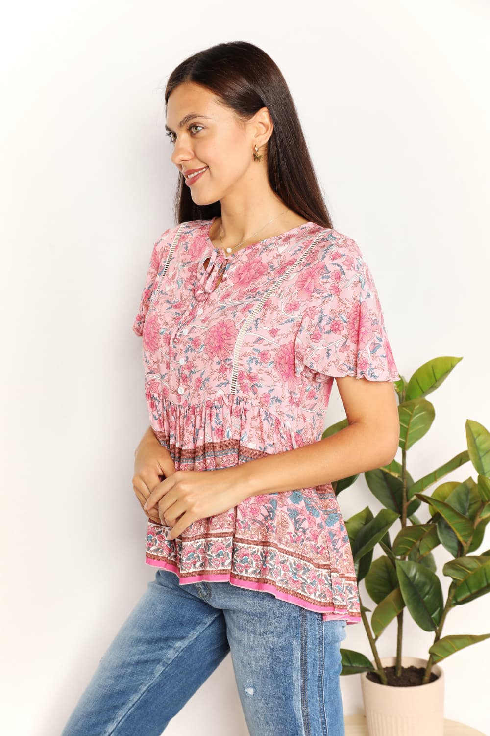 Perfee Bohemian Decorative Button Tie-Neck Peplum Blouse - The Boutie Shop