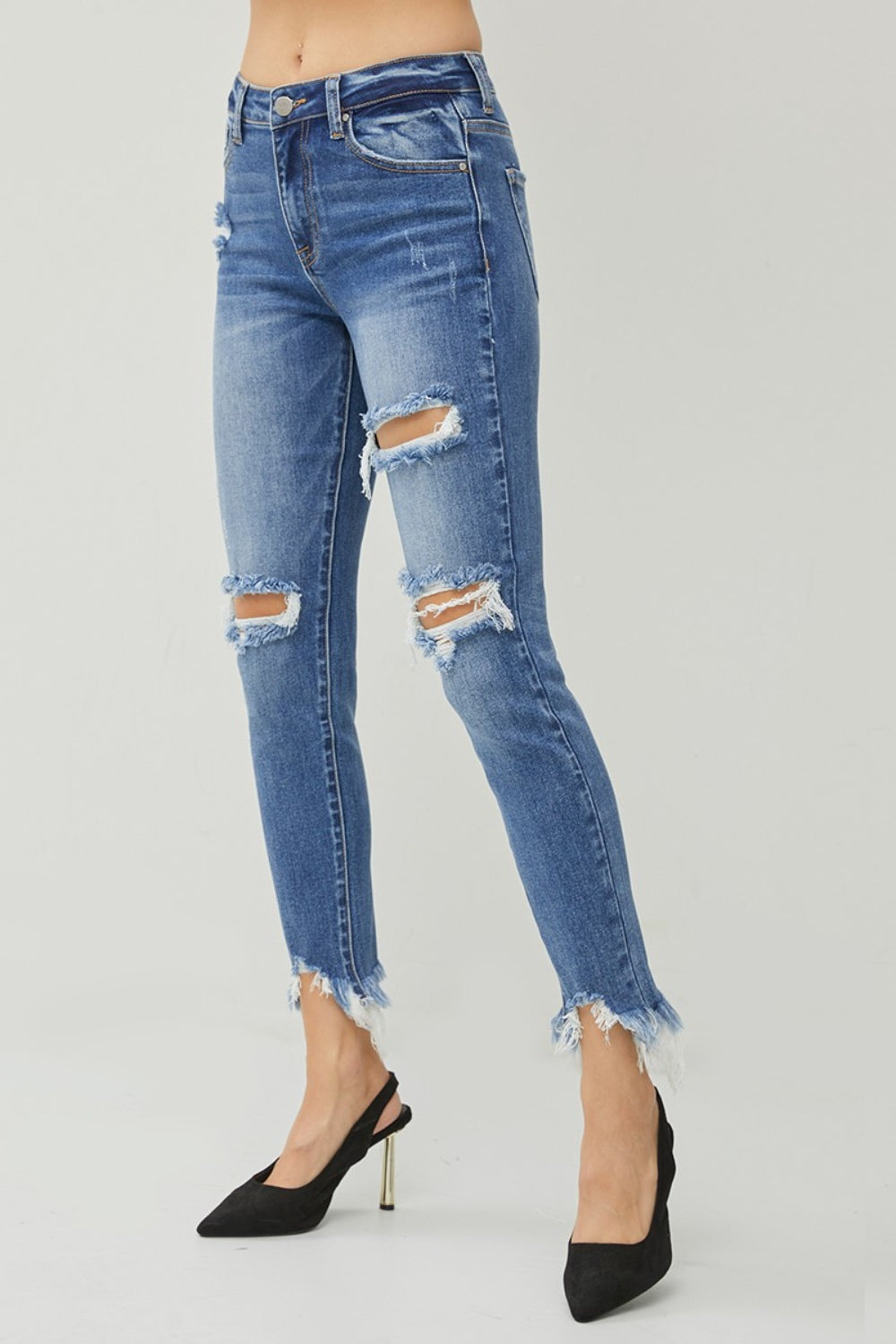 RISEN Distressed Frayed Hem Slim Jeans - The Boutie Shop