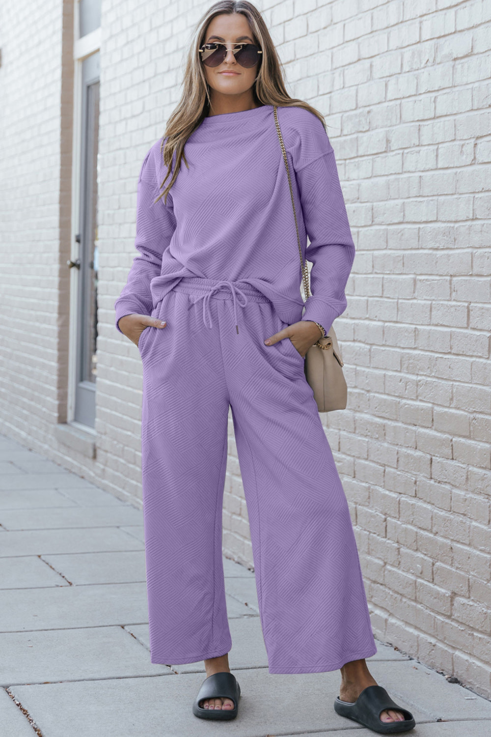 Double Take Full Size Textured Long Sleeve Top and Drawstring Pants Set - The Boutie Shop