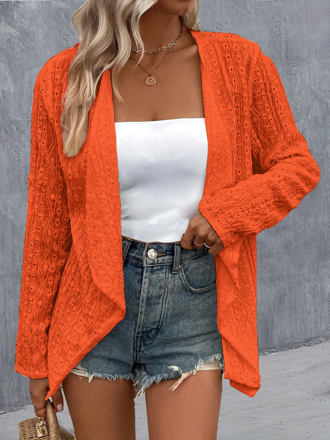 Eyelet Roll-Tab Sleeve Cardigan - The Boutie Shop