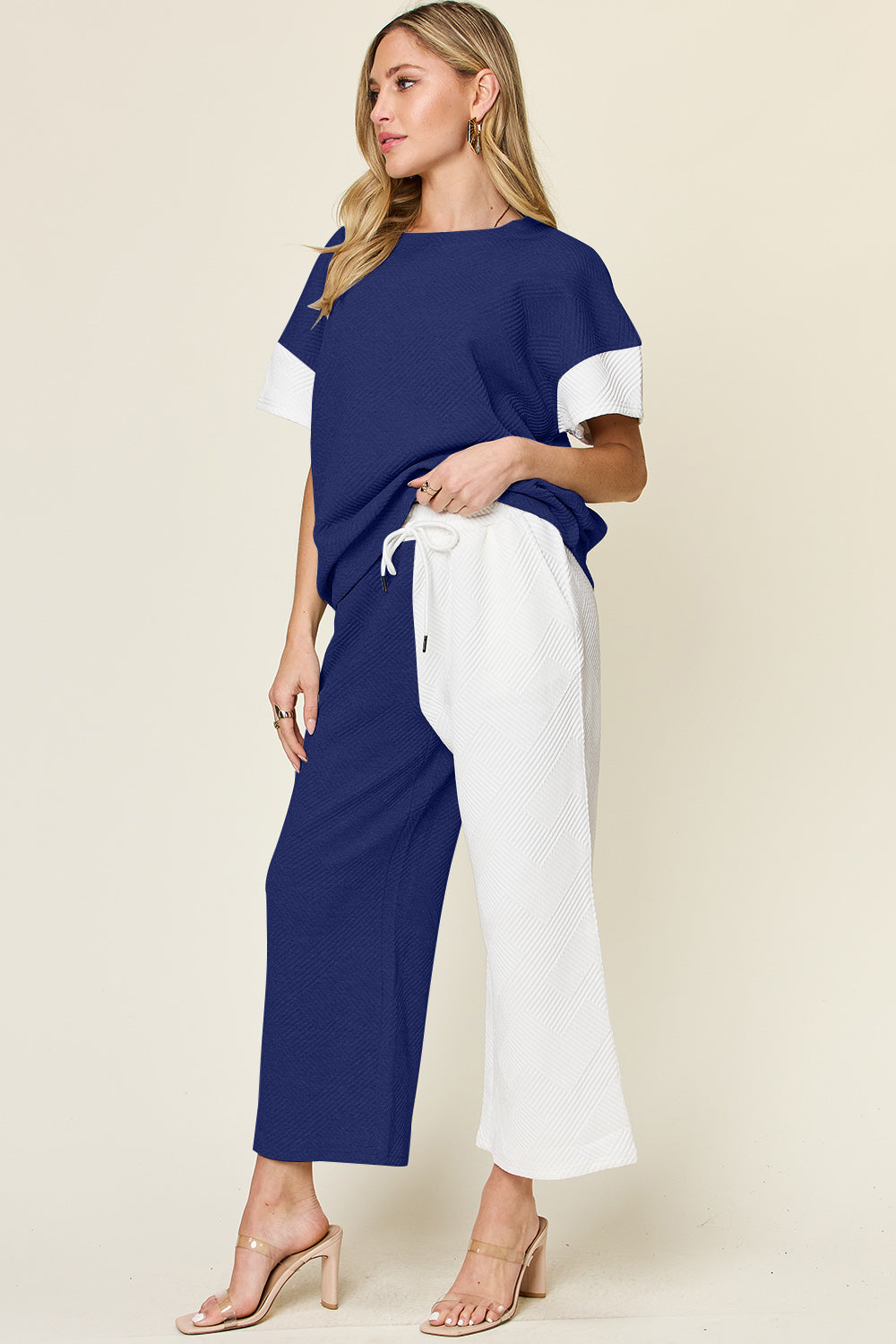 Double Take Full Size Texture Contrast T-Shirt and Wide Leg Pants Set - The Boutie Shop