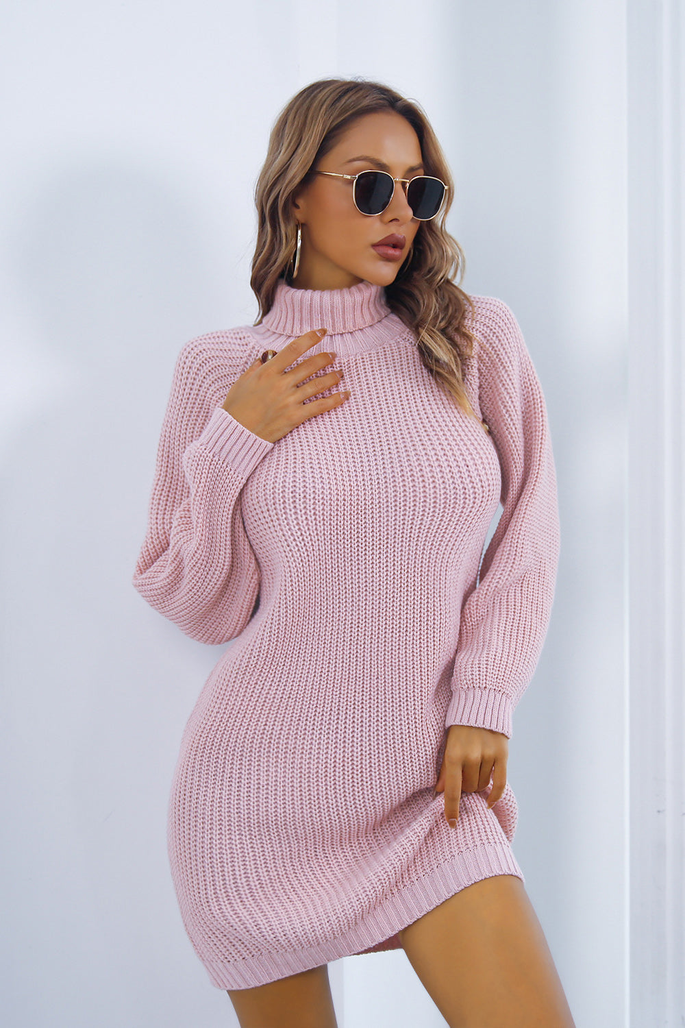 Buttoned Turtleneck Long Sleeve Sweater Dress - The Boutie Shop