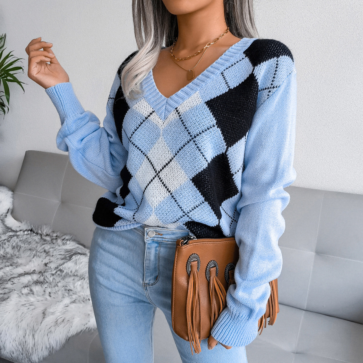 Geometric V-Neck Sweater - The Boutie Shop