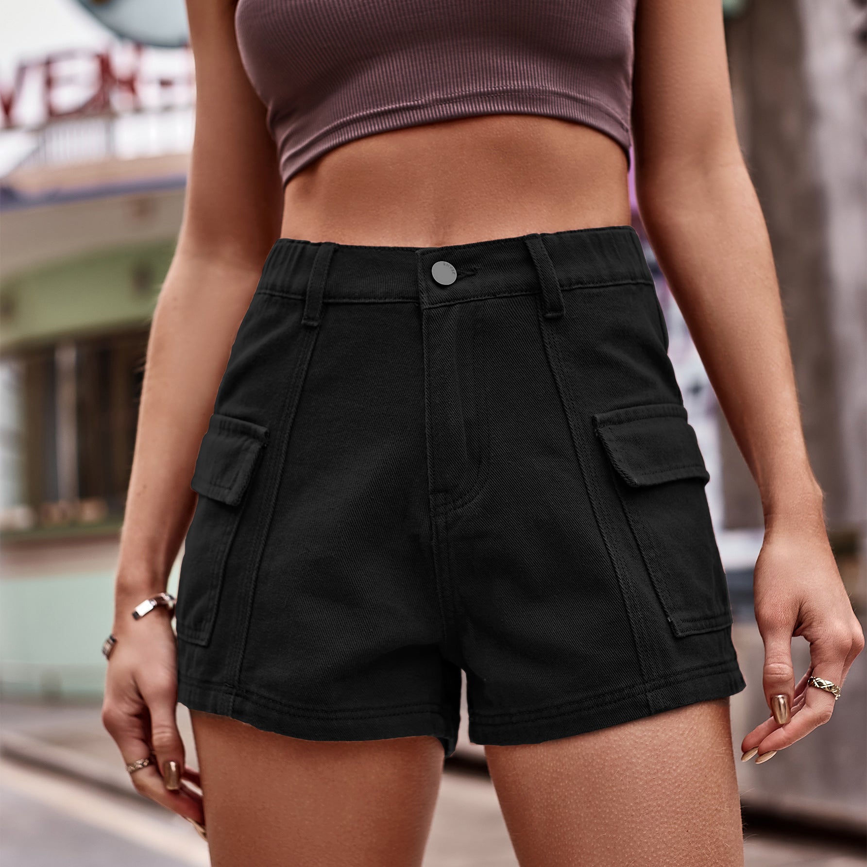 High-Waist Denim Shorts with Pockets - The Boutie Shop