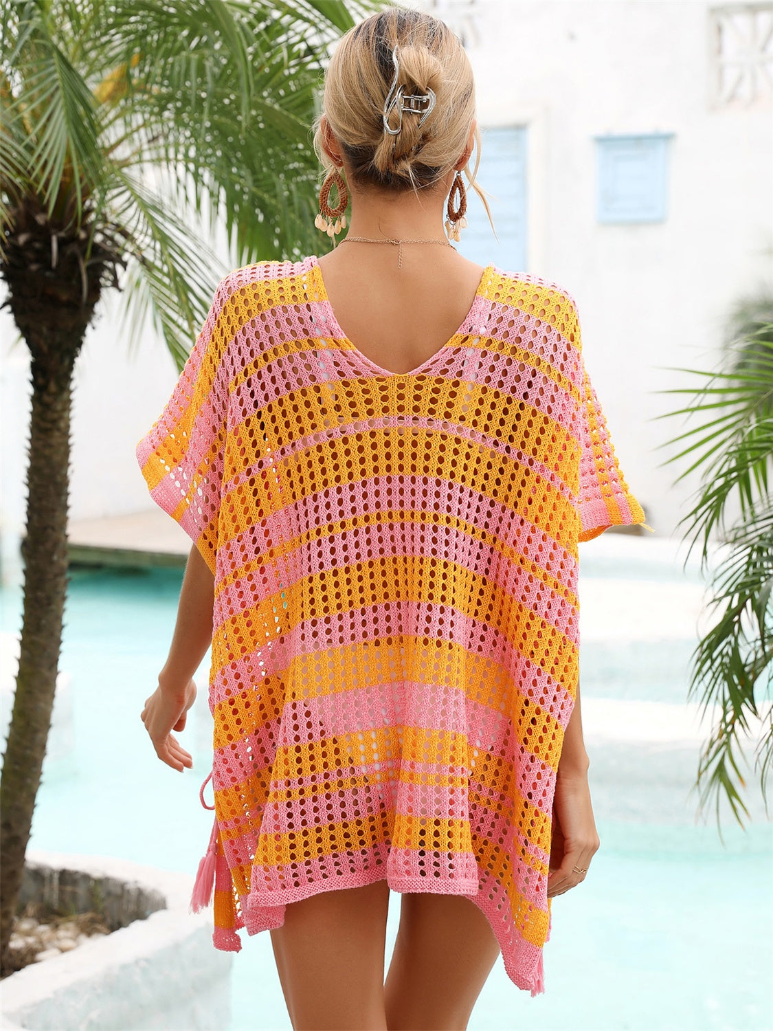 Angel Wings Tassel Openwork Striped V-Neck Cover Up - The Boutie Shop