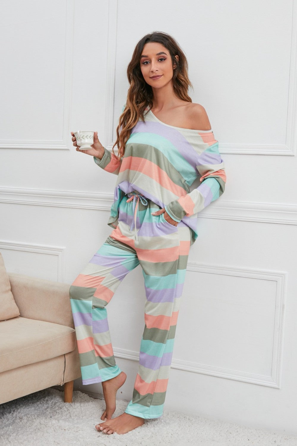 Striped Round Neck Long Sleeve Top and Drawstring Pants Lounge Set - The Boutie Shop