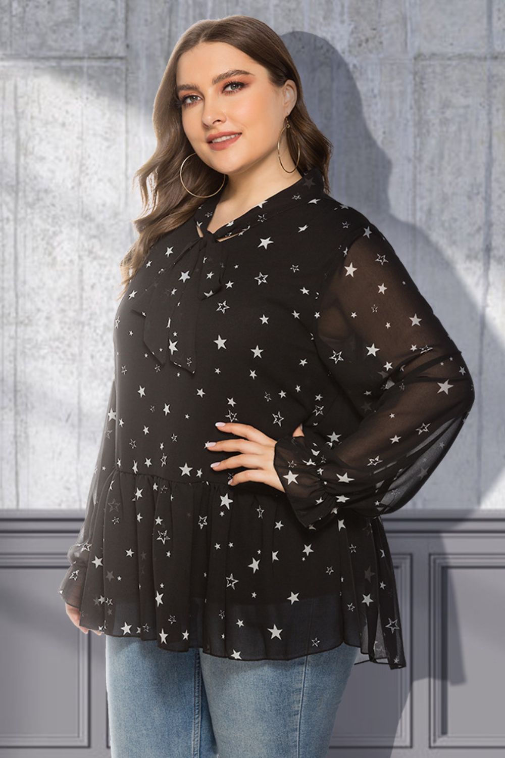 Plus Size Star Print Tie-Neck Peplum Blouse - The Boutie Shop