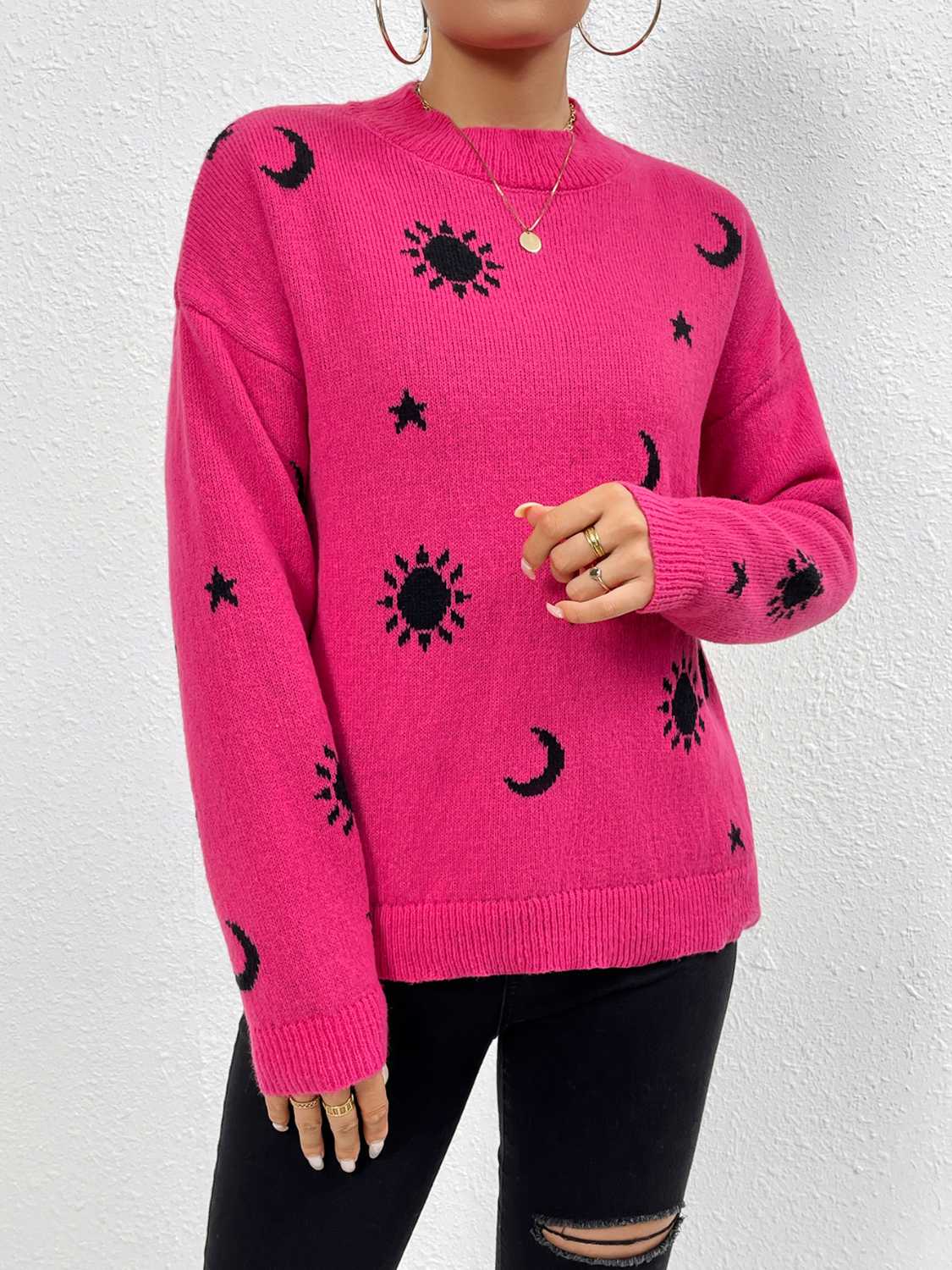 Patterned Drop Shoulder Sweater - The Boutie Shop