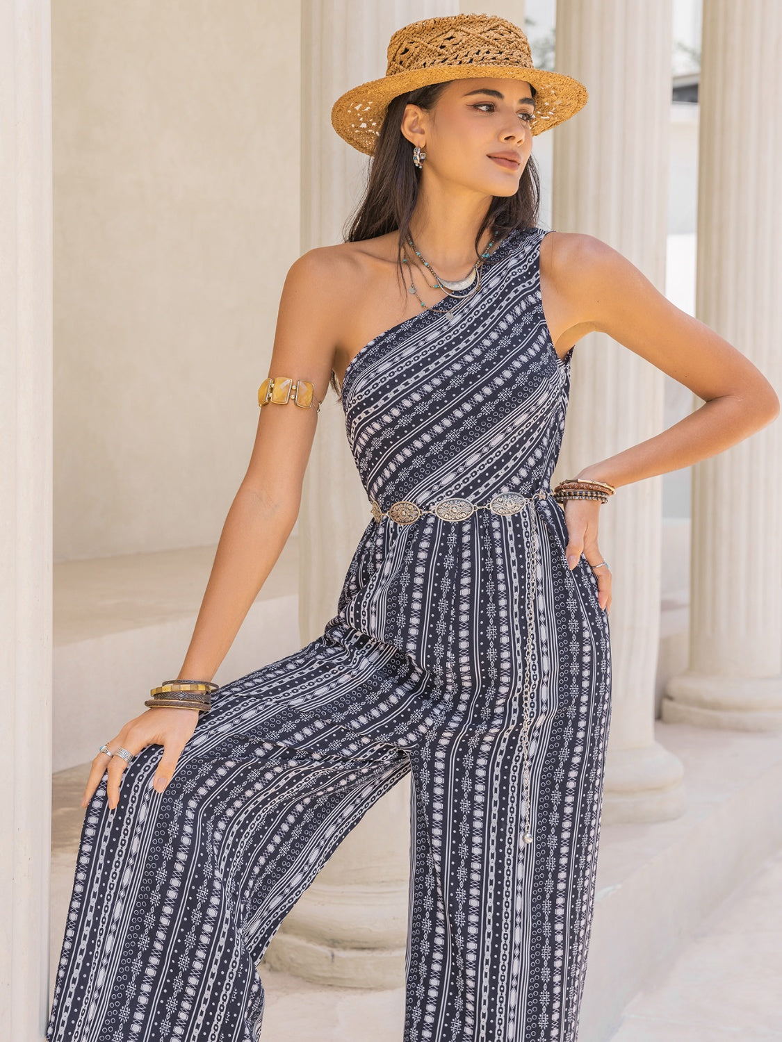 Printed Single Shoulder Sleeveless Jumpsuit - The Boutie Shop