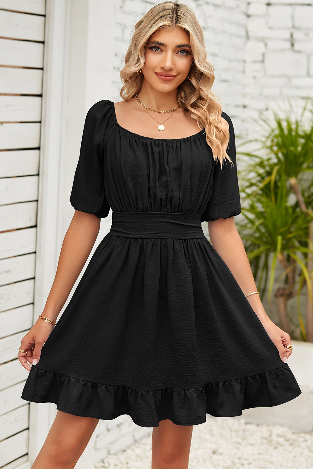 Ruched Ruffle Hem Short Sleeve Dress - The Boutie Shop