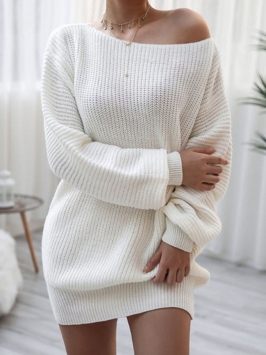 Balloon Sleeve Boat Neck Sweater Mini Dress - The Boutie Shop