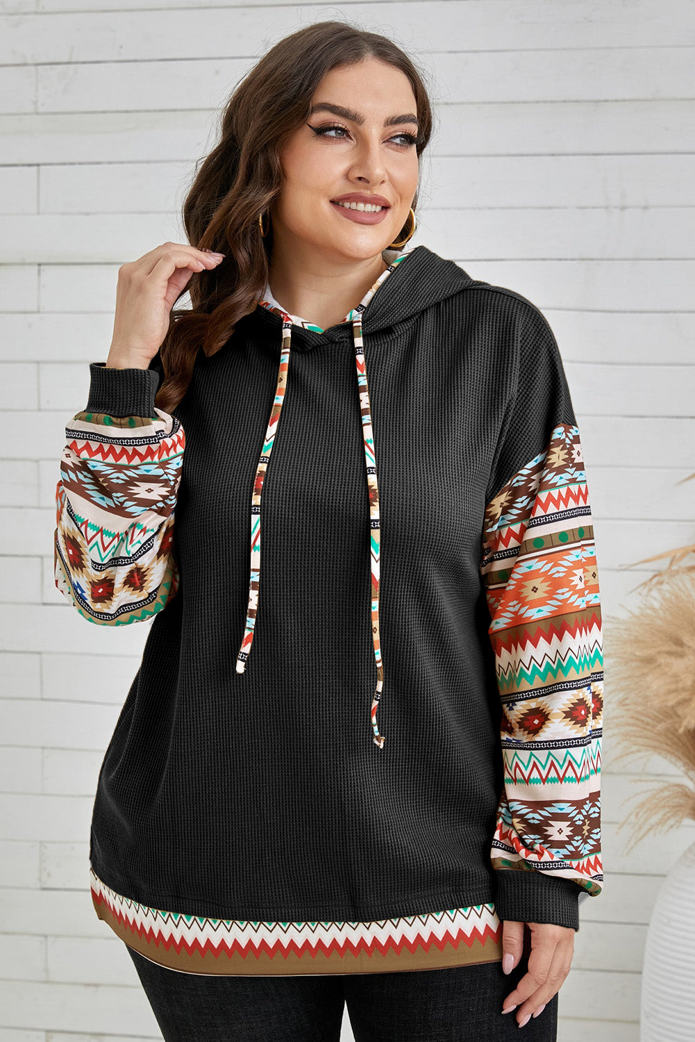 Plus Size Waffle-Knit Geometric Dropped Shoulder Hoodie - The Boutie Shop