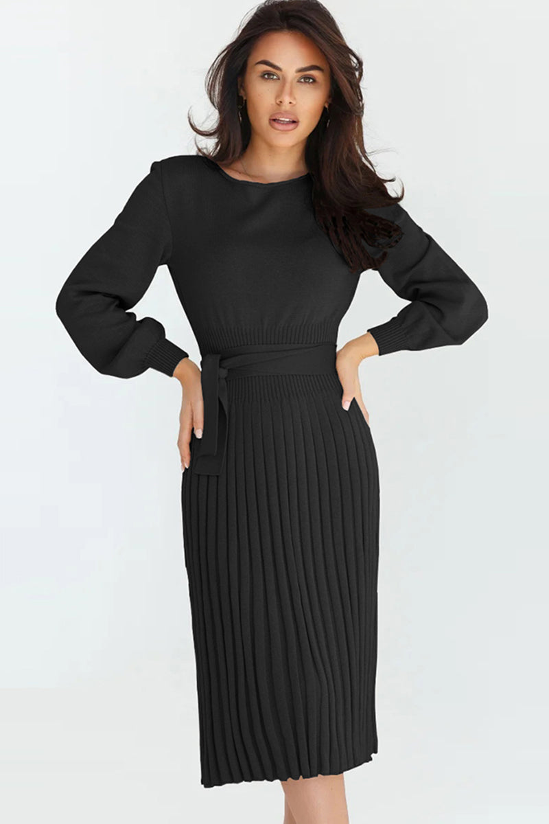 Round Neck Long Sleeve Pleated Sweater Dress - The Boutie Shop