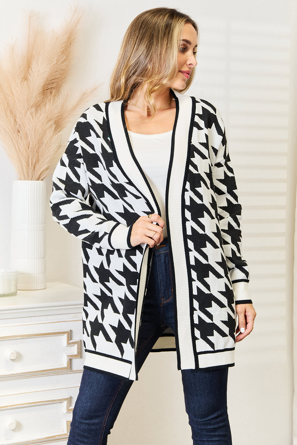 Mandy Woven Right Houndstooth Open Front Longline Cardigan - The Boutie Shop