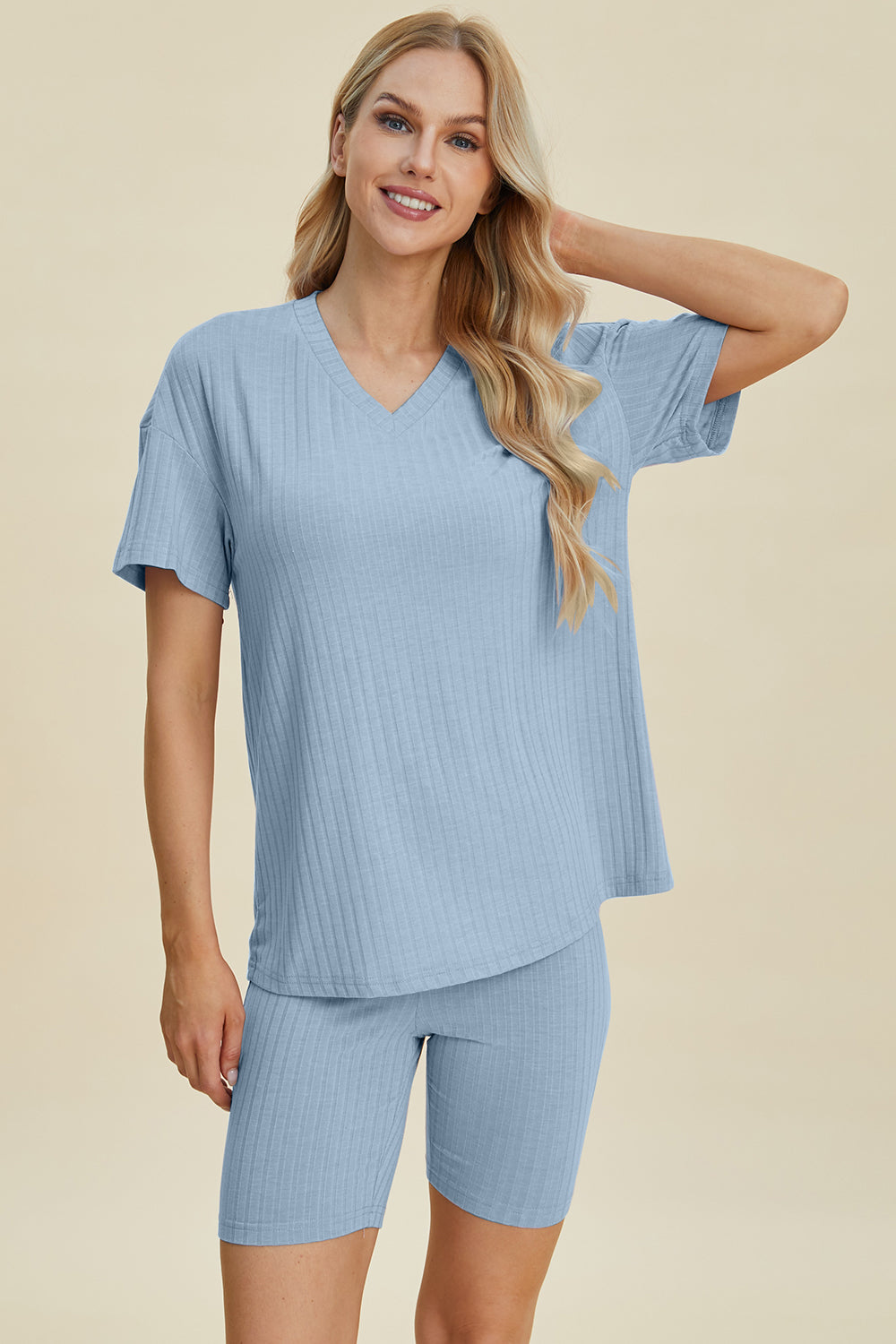 Basic Bae Full Size Ribbed V-Neck Short Sleeve Top and Shorts Set - The Boutie Shop