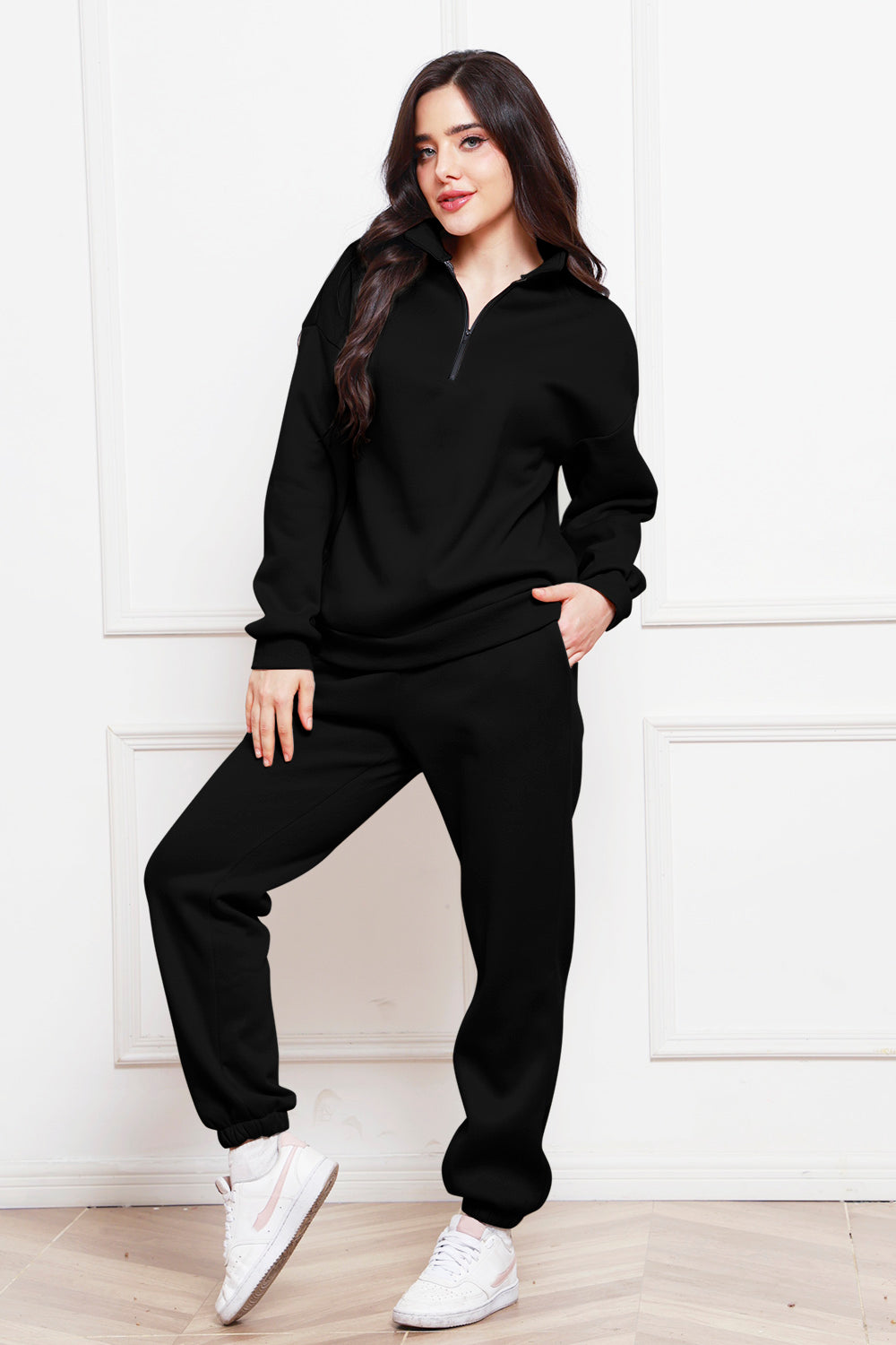 Half Zip Long Sleeve Sweatshirt and Pants Set - The Boutie Shop