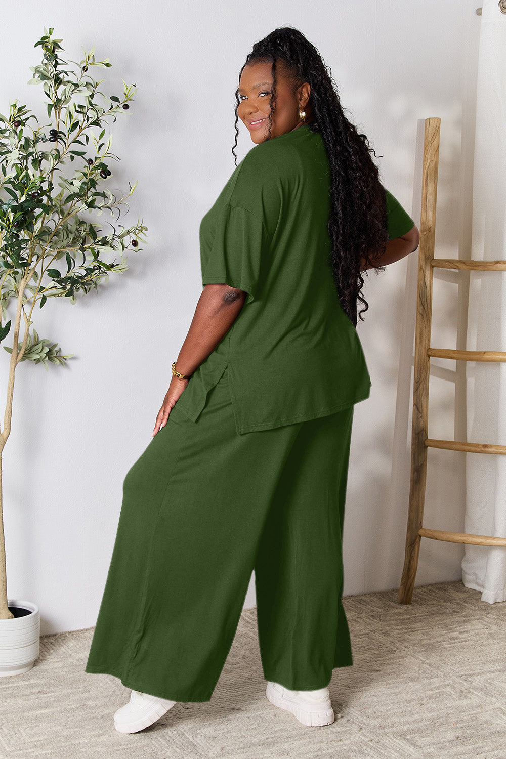 Double Take Full Size Round Neck Slit Top and Pants Set - The Boutie Shop