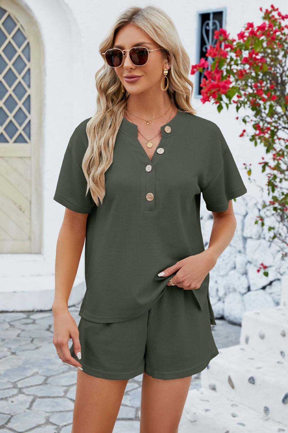 Notched Button Detail Dropped Shoulder Top and Shorts Set - The Boutie Shop