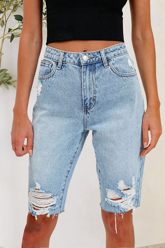 Distressed Pocketed Denim Shorts - The Boutie Shop