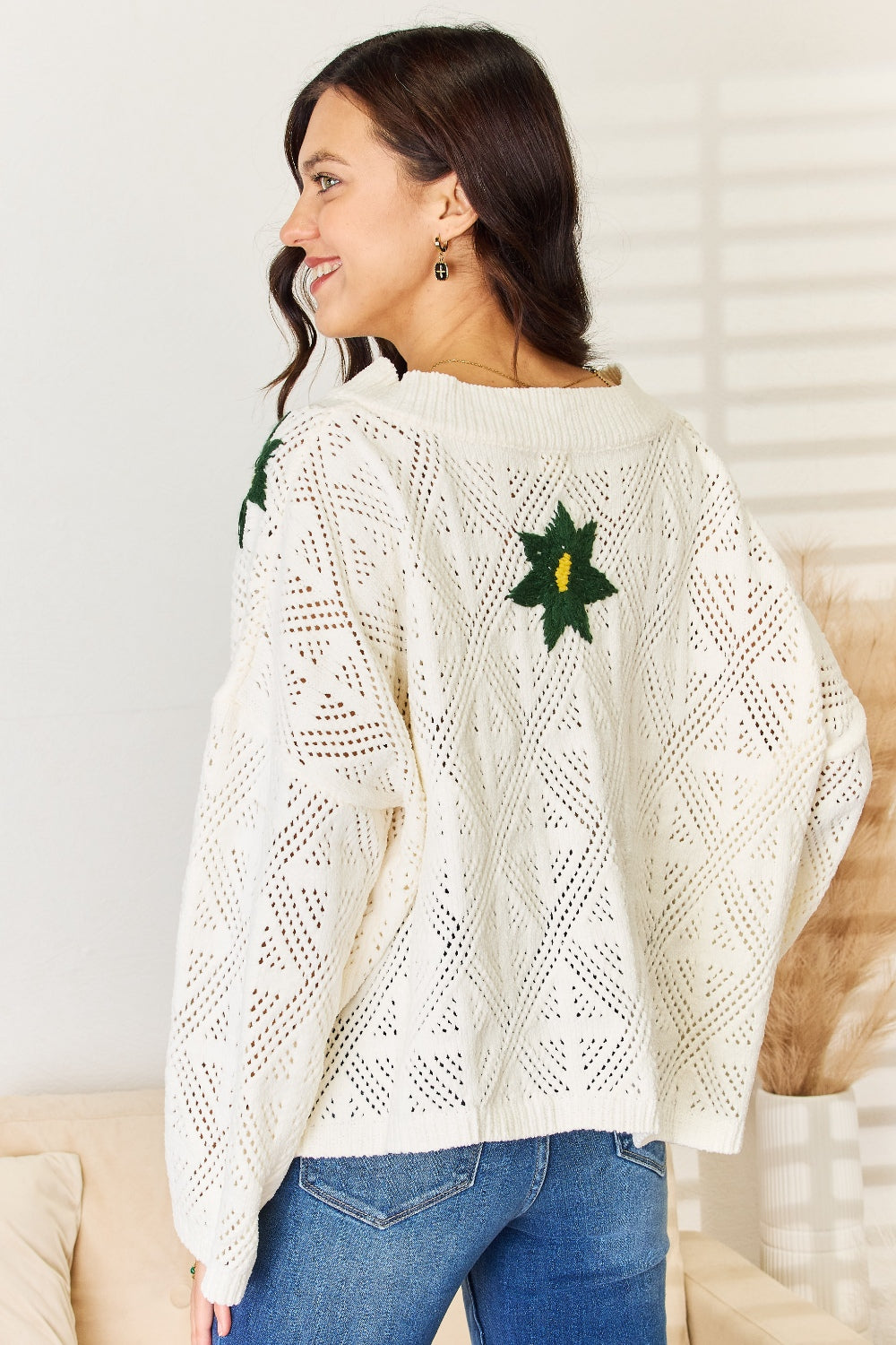 POL Floral Embroidered Pattern V-Neck Sweater - The Boutie Shop