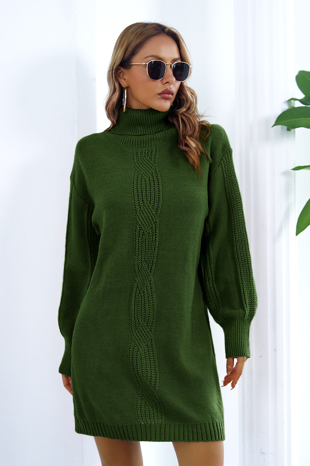 Openwork Turtleneck Long Sleeve Sweater Dress - The Boutie Shop