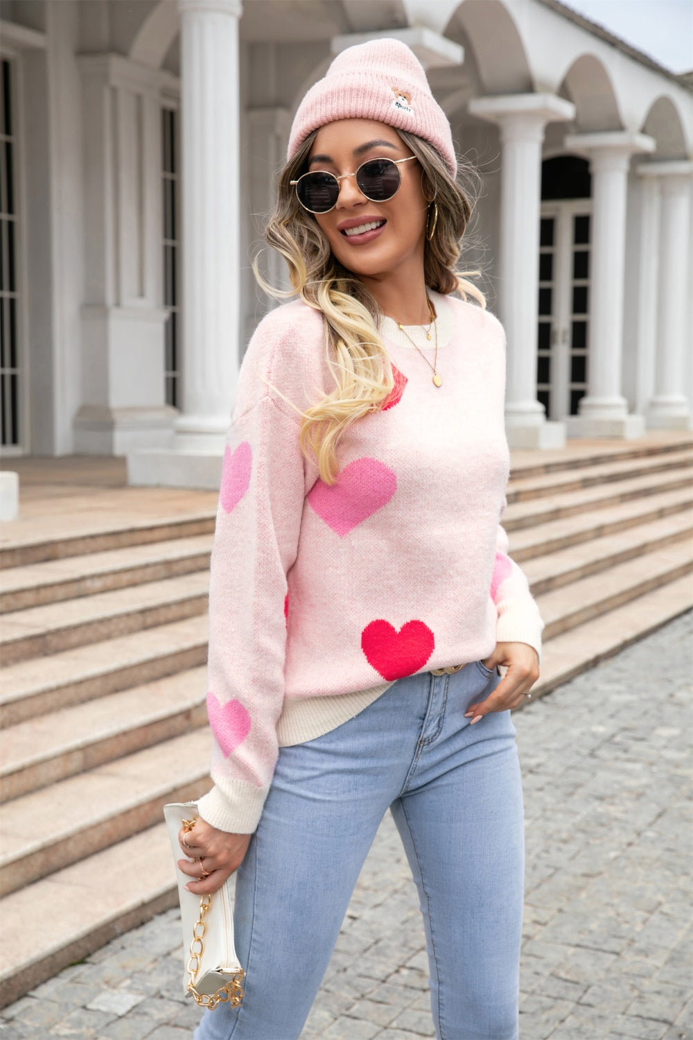 Angel Wings Heart Round Neck Droppped Shoulder Sweater - The Boutie Shop