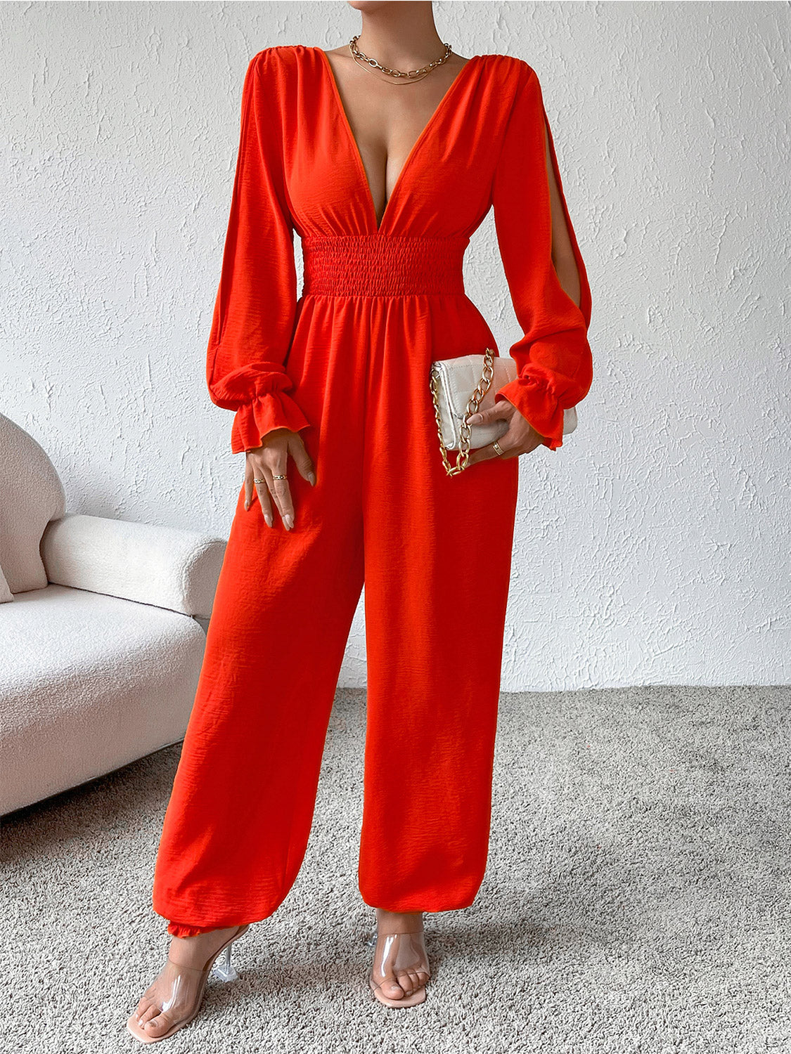 Honey Plunge Smocked Flounce Sleeve Jumpsuit - The Boutie Shop