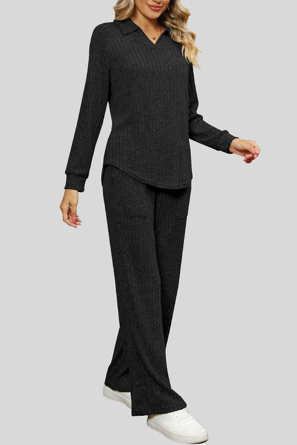 Ribbed Long Sleeve Top and Pocketed Pants Set - The Boutie Shop