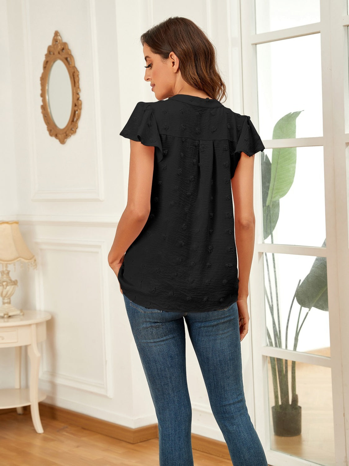 Swiss Dot Notched Cap Sleeve Blouse - The Boutie Shop