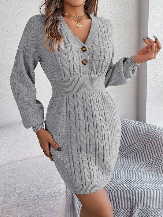 Buttoned Cable-Knit V-Neck Sweater Dress - The Boutie Shop