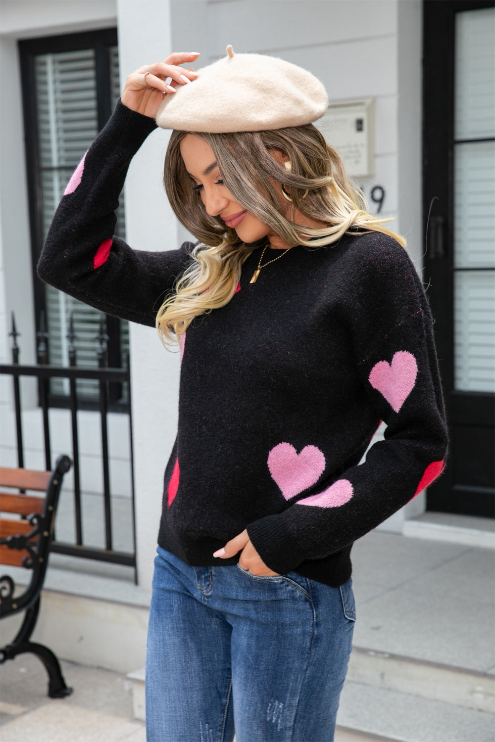 Angel Wings Heart Round Neck Droppped Shoulder Sweater - The Boutie Shop