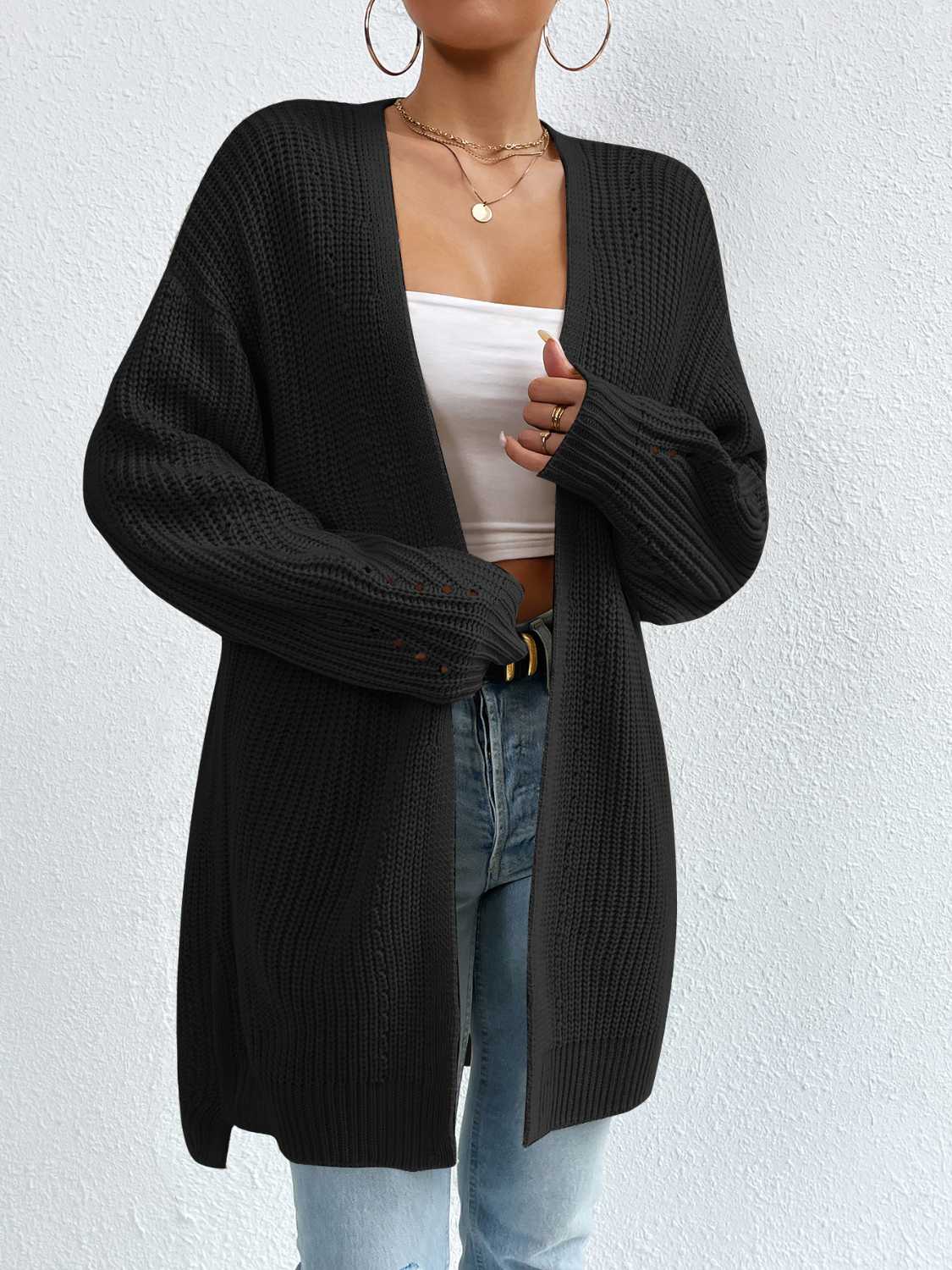 Open Front Dropped Shoulder Slit Cardigan - The Boutie Shop