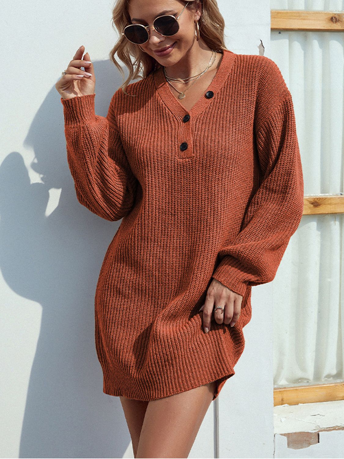 Buttoned V-Neck Sweater Dress - The Boutie Shop