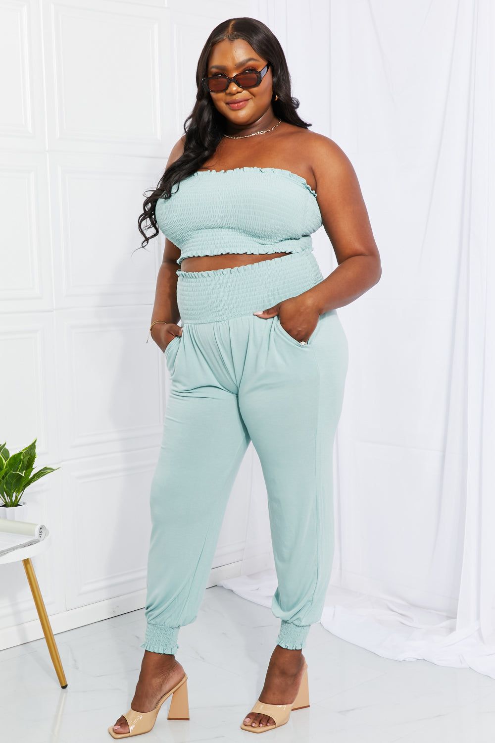 Zenana Full Size Stylish Comfort Smocked Tube Top & Joggers Set - The Boutie Shop