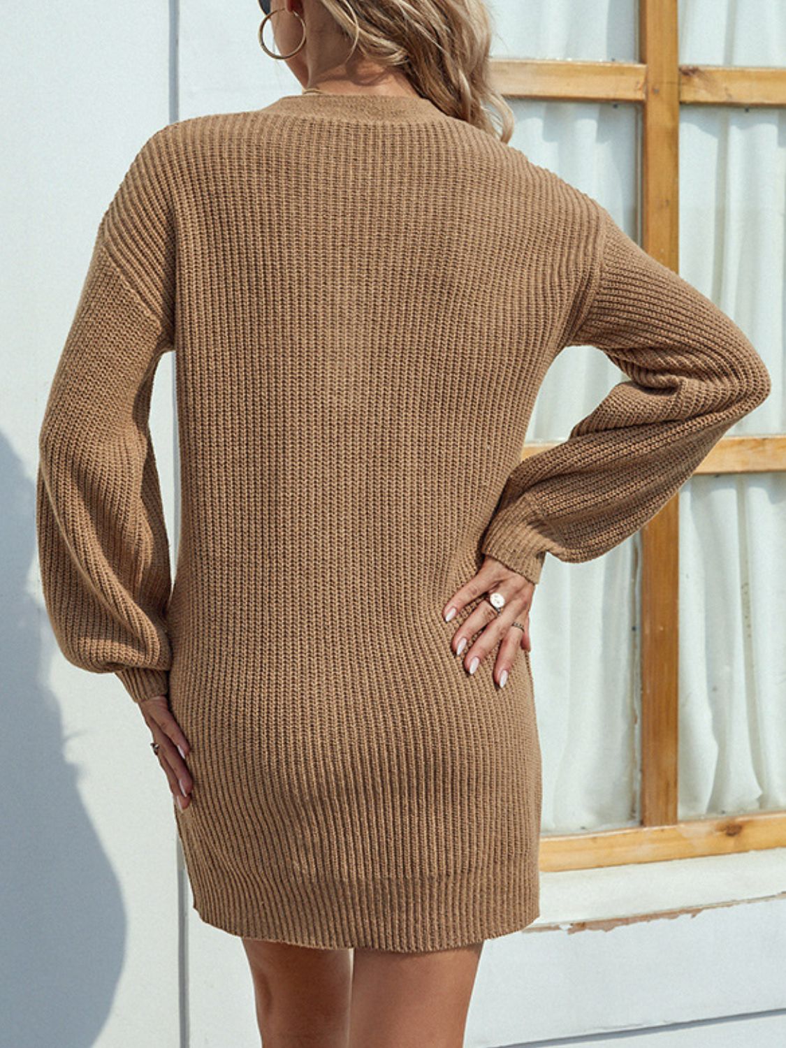 Buttoned V-Neck Sweater Dress - The Boutie Shop