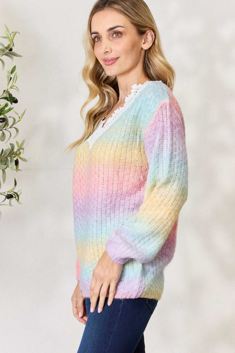 BiBi Rainbow Gradient Crochet Deetail Sweater - The Boutie Shop