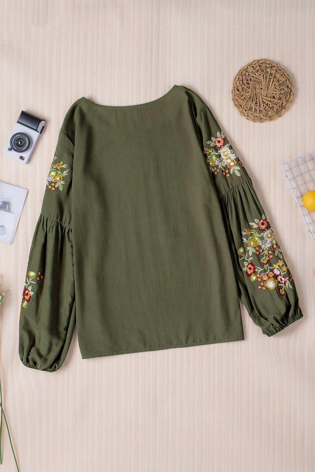 Embroidered Round Neck Balloon Sleeve T-Shirt - The Boutie Shop