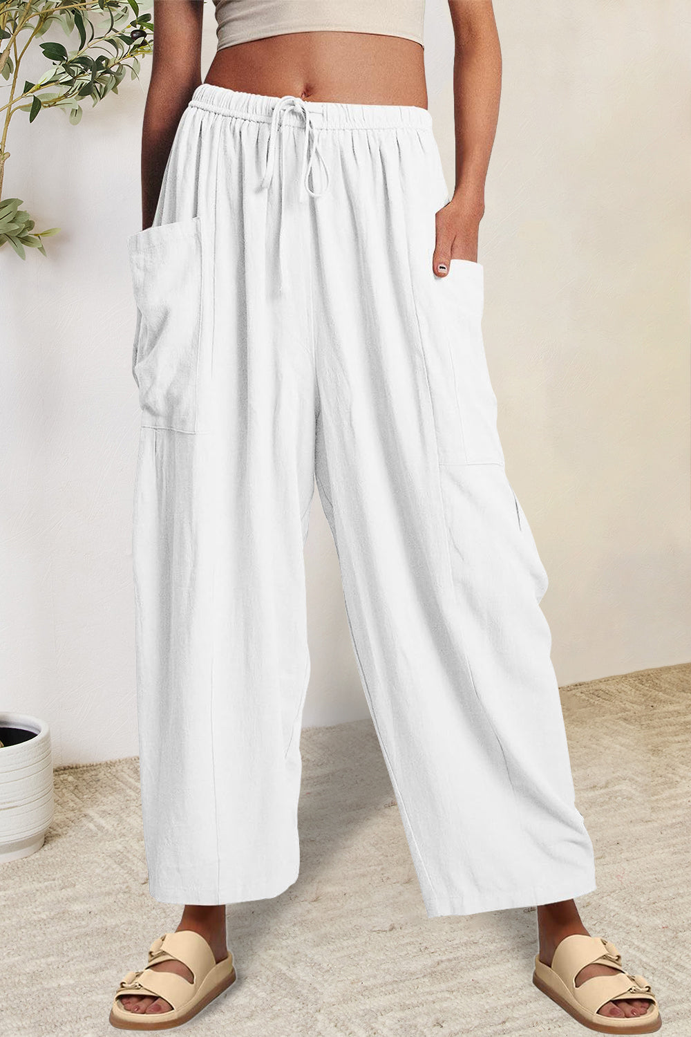 Full Size Pocketed Drawstring Wide Leg Pants - The Boutie Shop