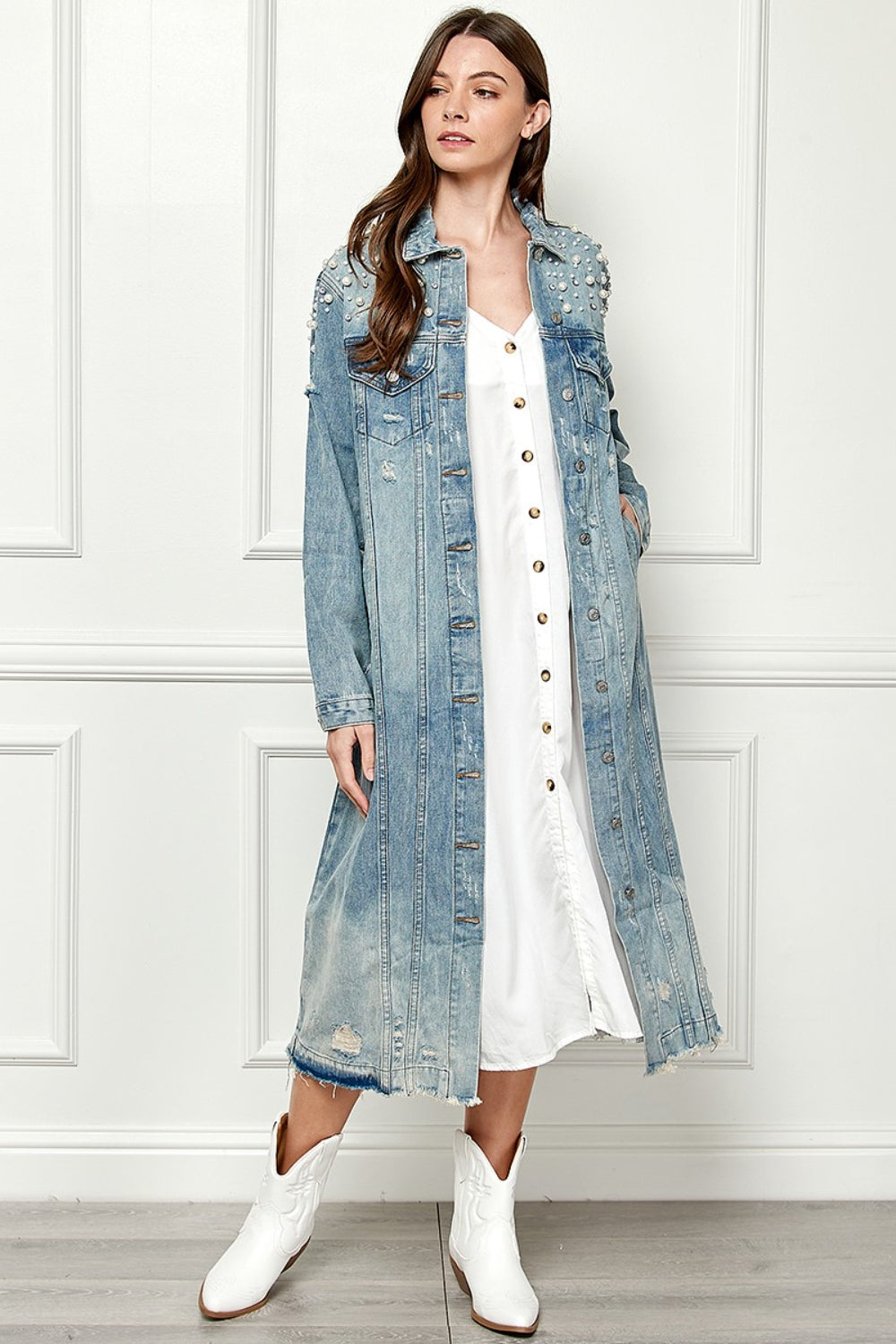 Veveret Full Size Distressed Raw Hem Pearl Detail Button Up Jacket - The Boutie Shop