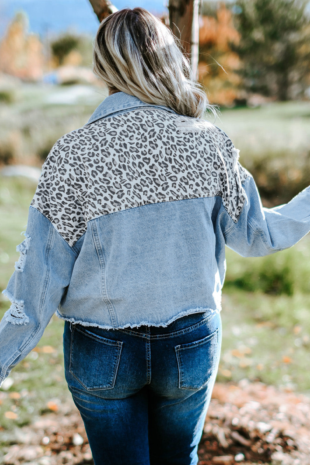 Plus Size Leopard Raw Hem Distressed Spliced Denim Jacket - The Boutie Shop