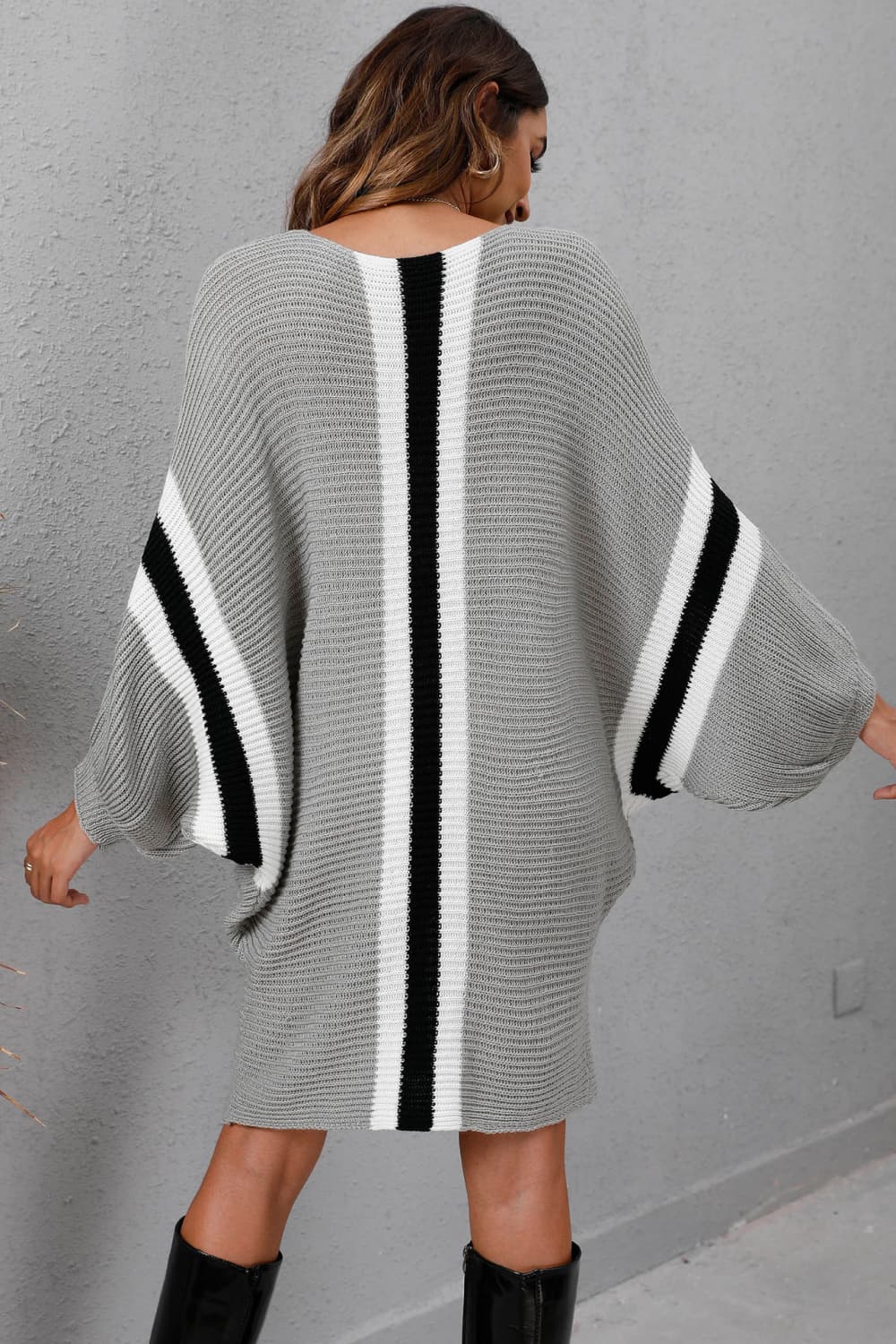 Ribbed Round Neck Long Sleeve Sweater Dress - The Boutie Shop