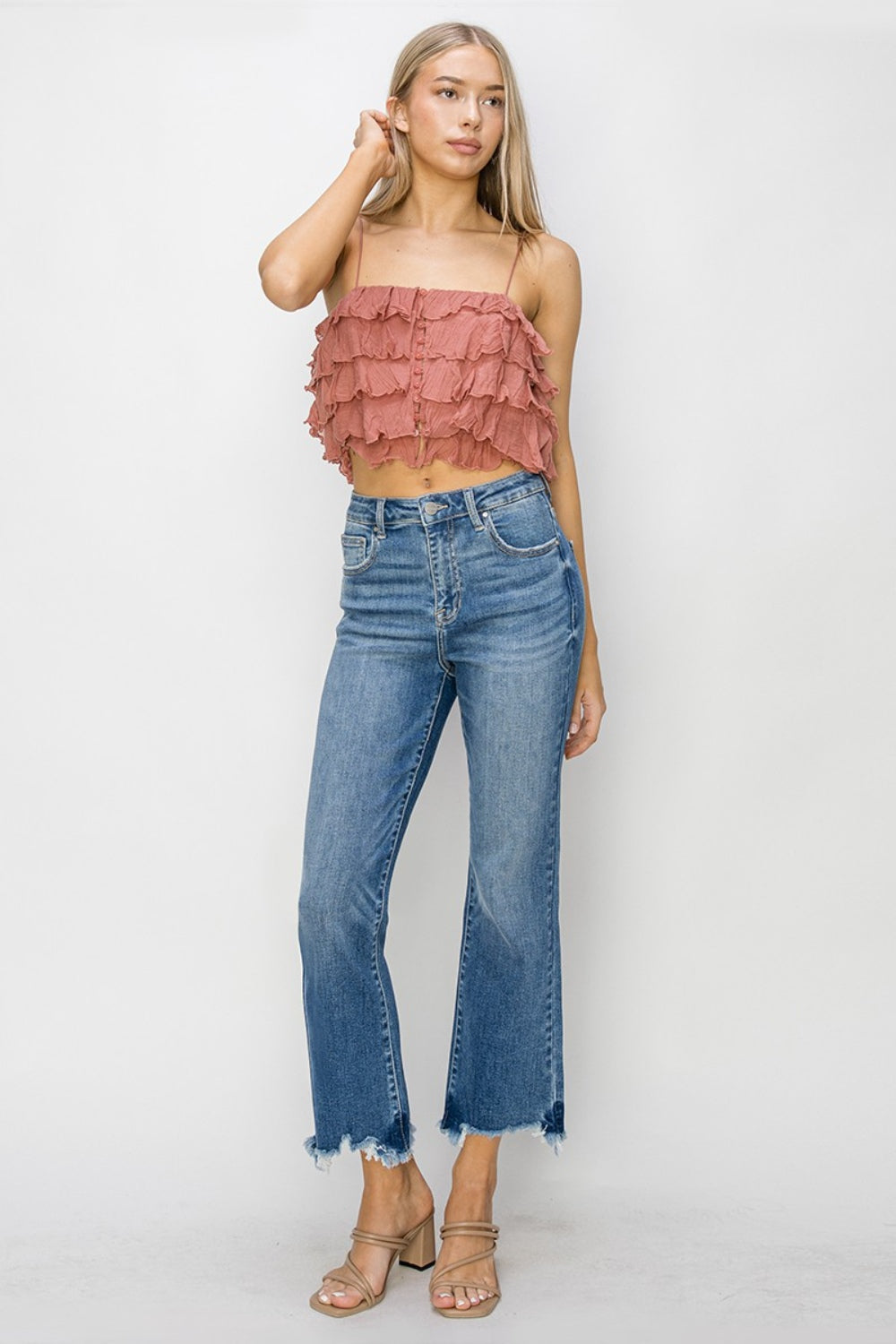 RISEN High Waist Raw Hem Flare Jeans - The Boutie Shop