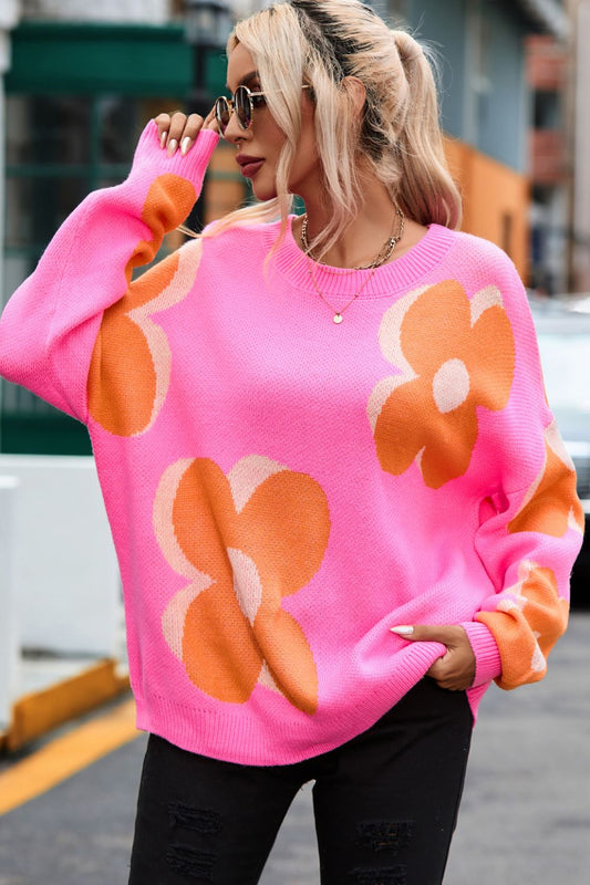 Flower Round Neck Dropped Shoulder Sweater - The Boutie Shop