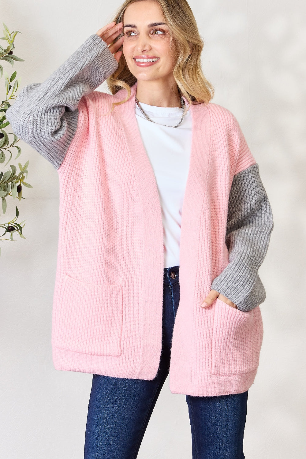 BiBi Contrast Open Front Cardigan with Pockets - The Boutie Shop