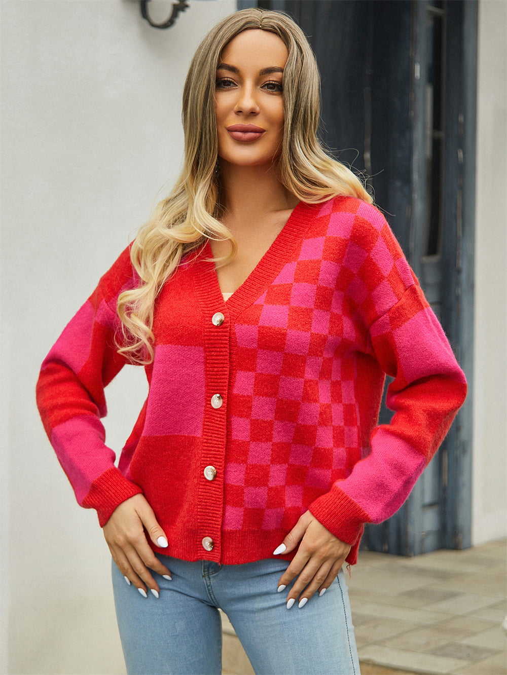 Angel Wings Plaid V-Neck Dropped Shoulder Cardigan - The Boutie Shop