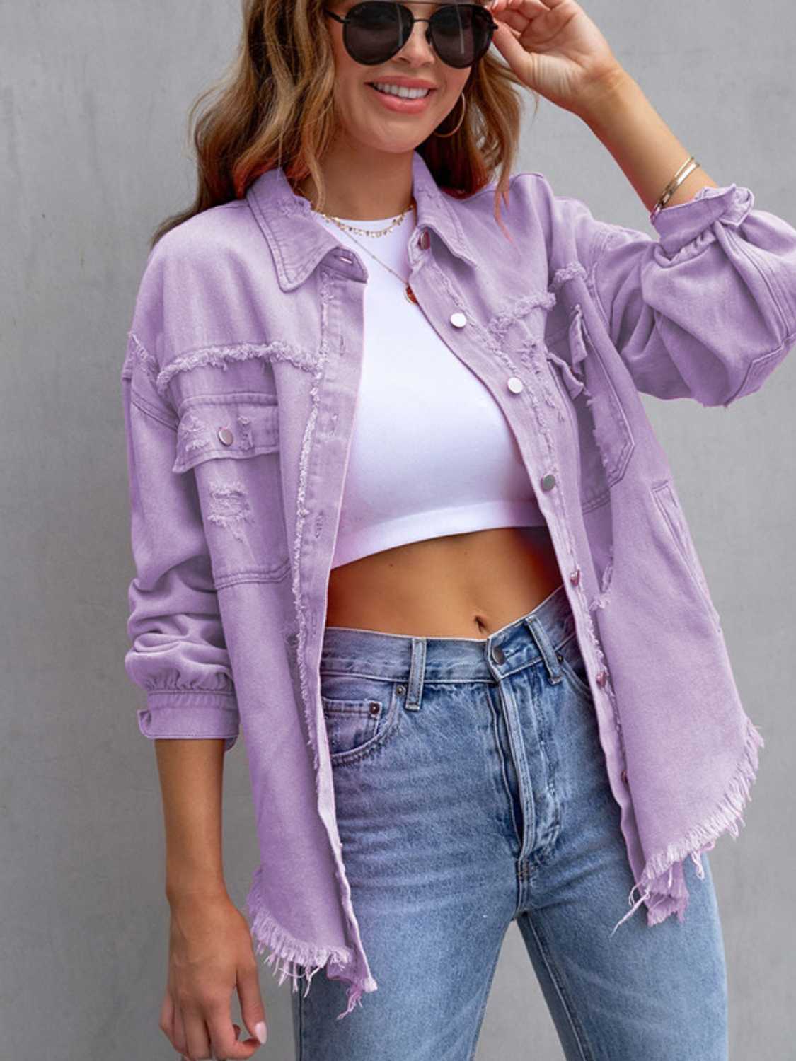 Distressed Drop Shoulder Denim Jacket - The Boutie Shop