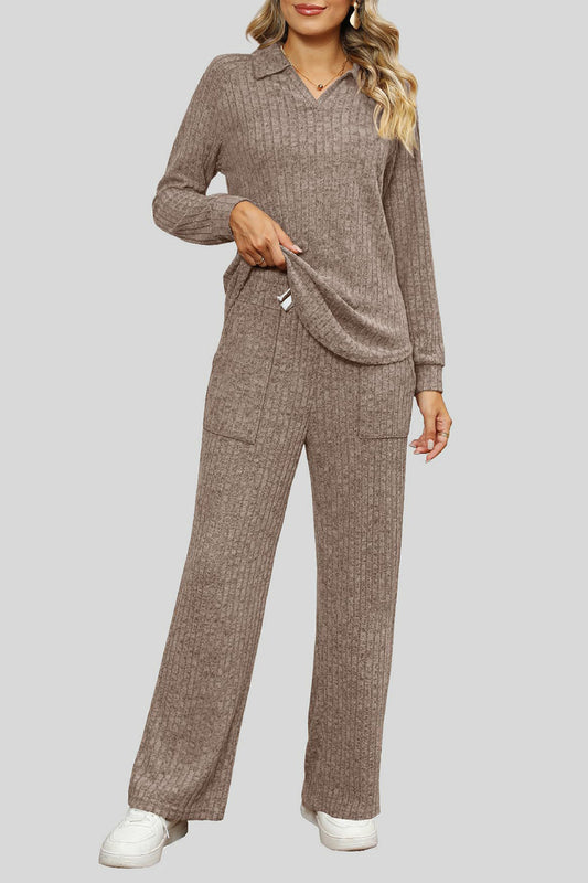 Ribbed Long Sleeve Top and Pocketed Pants Set - The Boutie Shop