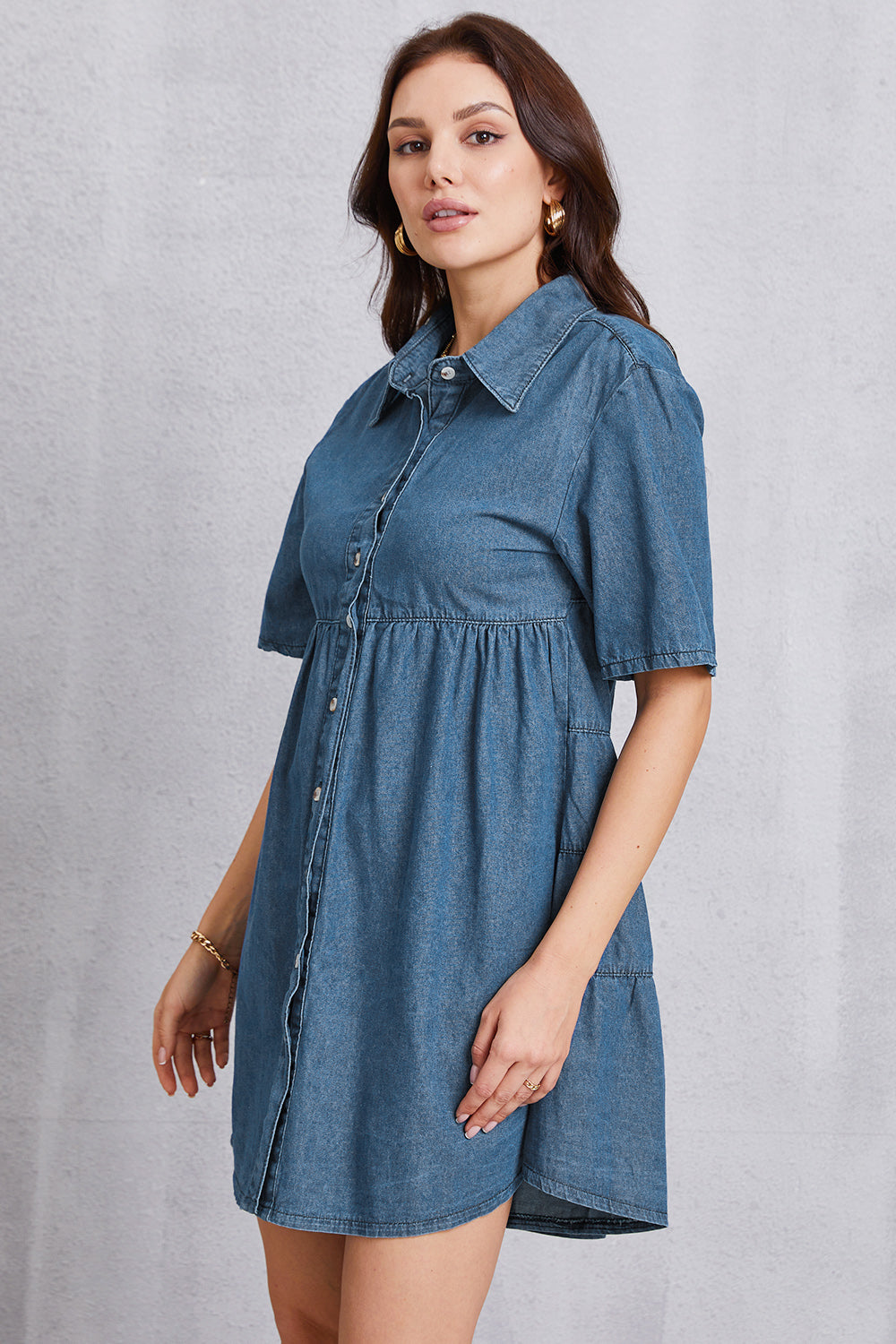 Button Up Collared Neck Tiered Denim Dress - The Boutie Shop